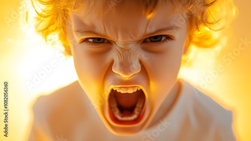 Angry child with a fierce expression, teeth gritted, raw frustration, close-up emotional portrait, concept of childhood rage, uncontrollable feelings photo