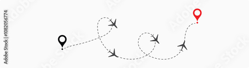  plane routes dotted paths aircraft travel route start point Flight route with start point and dash line