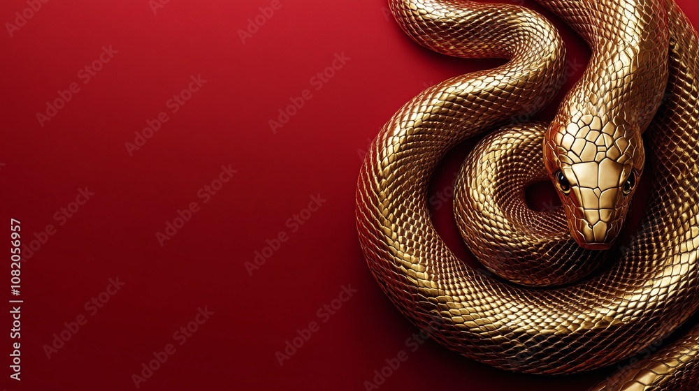 Obraz premium Stunning Golden Snake on a Rich Red Background Evoking Luxury and Elegance, Symbolizing Power, Strength, and Mystique in Nature's Beauty