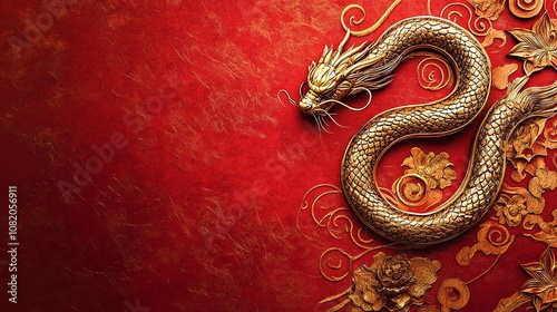 Stunning Golden Dragon Design on Rich Red Background with Floral Elements, Perfect for Celebrating Cultural Events and Symbolizing Strength and Power