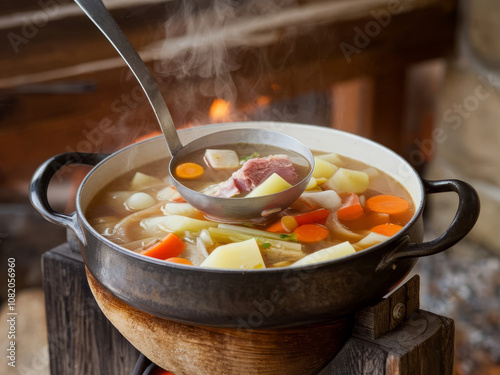 Steaming hot pot of meat and vegetable soup with ladle scooping broth, served on rustic wooden stand