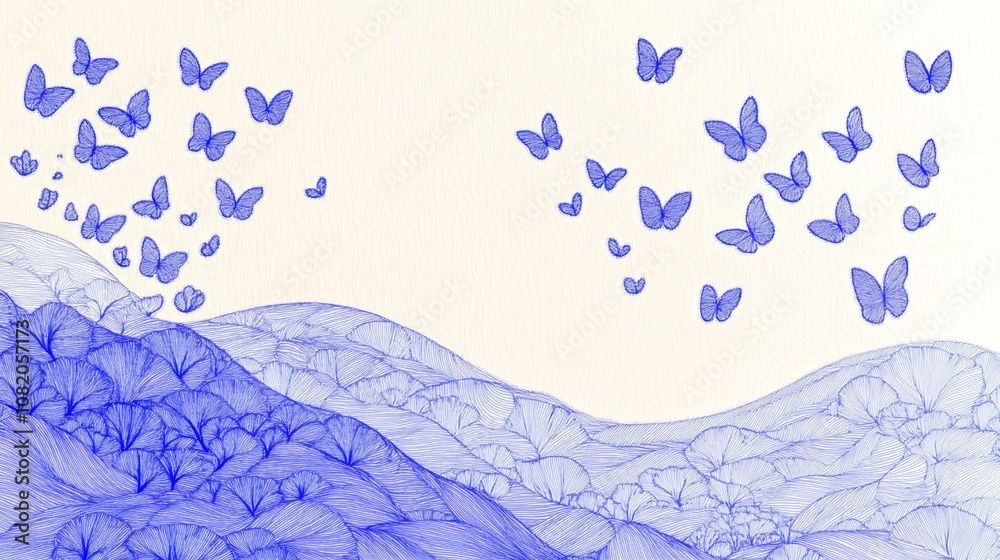 Fototapeta premium Ethereal butterfly flight over detailed hand drawn floral landscape with blue ink