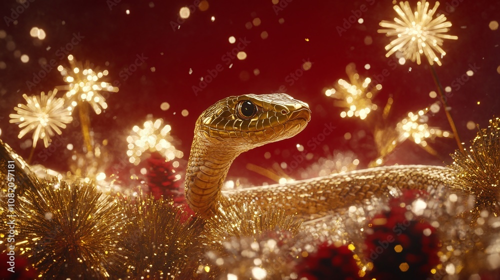 Stunning Golden Snake Surrounded by Sparkling Fireworks and Glittering Decorations, Perfect for Festive and Celebration Themes, Captivating Visuals for Creative Projects Stunning Golden Snake Surrounded by Sparkling Fireworks and Glittering Decorations, Perfect for Festive and Celebration Themes, Captivating Visuals for Creative Projects