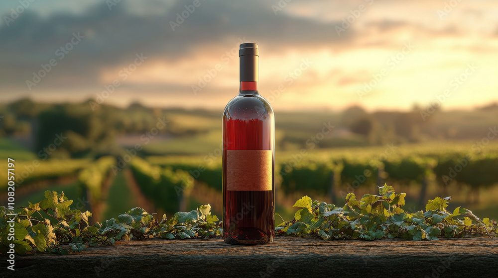 beautiful organic wine bottle stands on rustic table, surrounded by lush vineyards under golden sunset. serene landscape evokes sense of tranquility and connection to nature beautiful organic wine bottle stands on rustic table, surrounded by lush vineyards under golden sunset. serene landscape evokes sense of tranquility and connection to nature