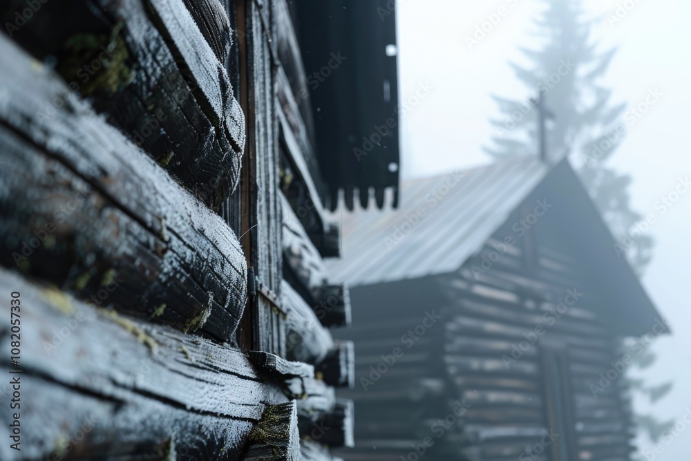 Cozy cabin amidst snow-covered trees, ideal for winter scenes or rustic settings