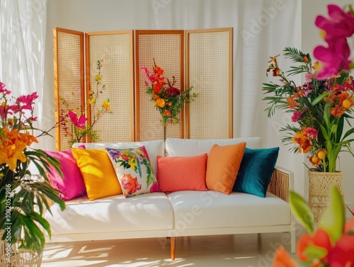 Vibrant Living Room with Colorful Floral Arrangements photo