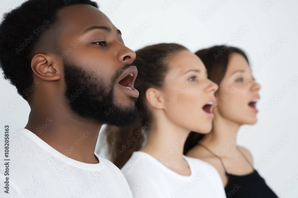 Three people singing together, one of them is black. Scene is joyful and uplifting Three people singing together, one of them is black. Scene is joyful and uplifting