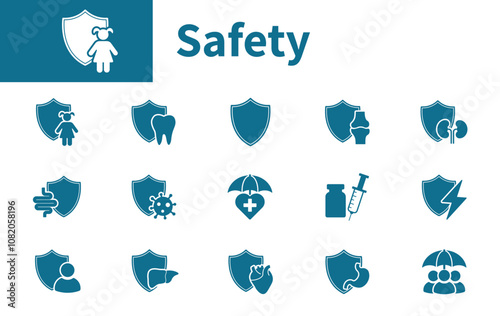 Safety icon. Set of solid vector icons on health, protection, insurance, vaccines, child protection, shield.