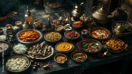 Assortment of various kinds of indian cousine on dark rusty table. indian food. Ultra realistic. Photorealistic hypermaximalist advertising photography hyper realistic fine detail photo