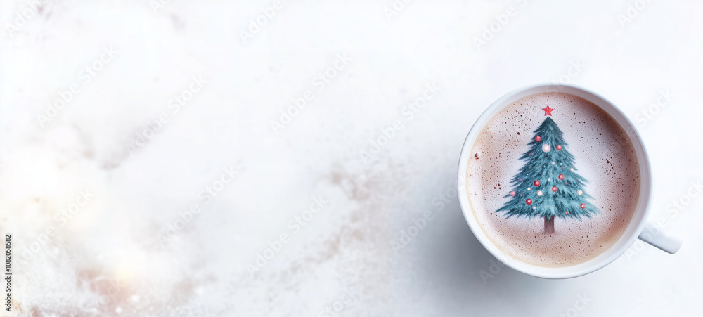 A cup of hot chocolate with a Christmas tree drawn on it, on a white background A cup of hot chocolate with a Christmas tree drawn on it, on a white background