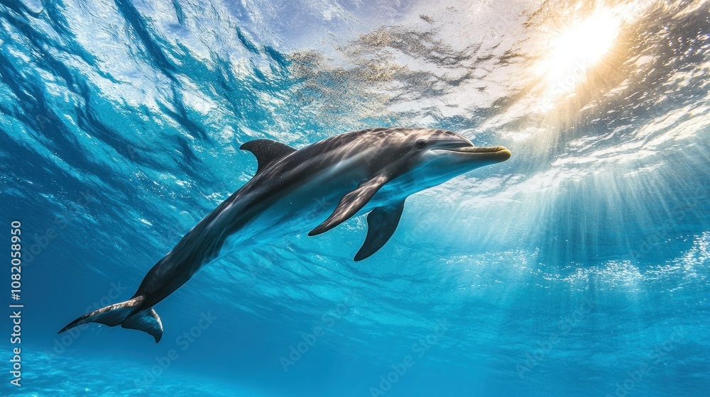 Obraz premium Dolphin Swimming Underwater with Sunlight Shining Through the Water
