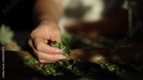 Woman take some dried mint leafs from wax paper. Focus on plate with herbs.