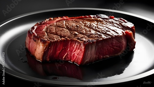 a zoom very close to an delicious american steak onto a steel plate photo