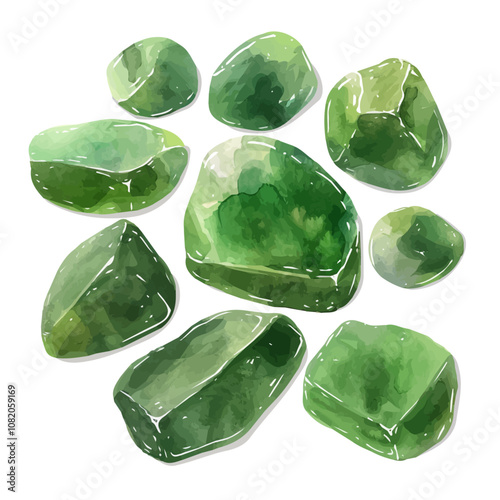 A watercolor painting of a set of jade stones, isolated on a white background. Jade stones vector.