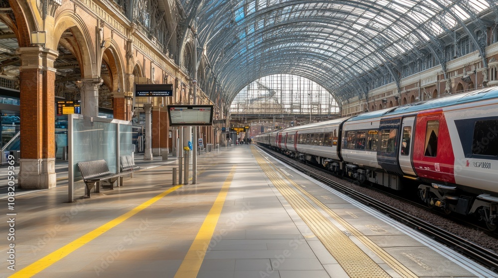 Train Arriving at a Large Train Station Platform Train Arriving at a Large Train Station Platform