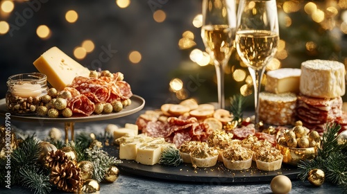 Luxurious New Year's Snack Setup Featuring Mini Charcuterie Boards and Sparkling Drinks for Celebratory Gatherings and Festive Occasions