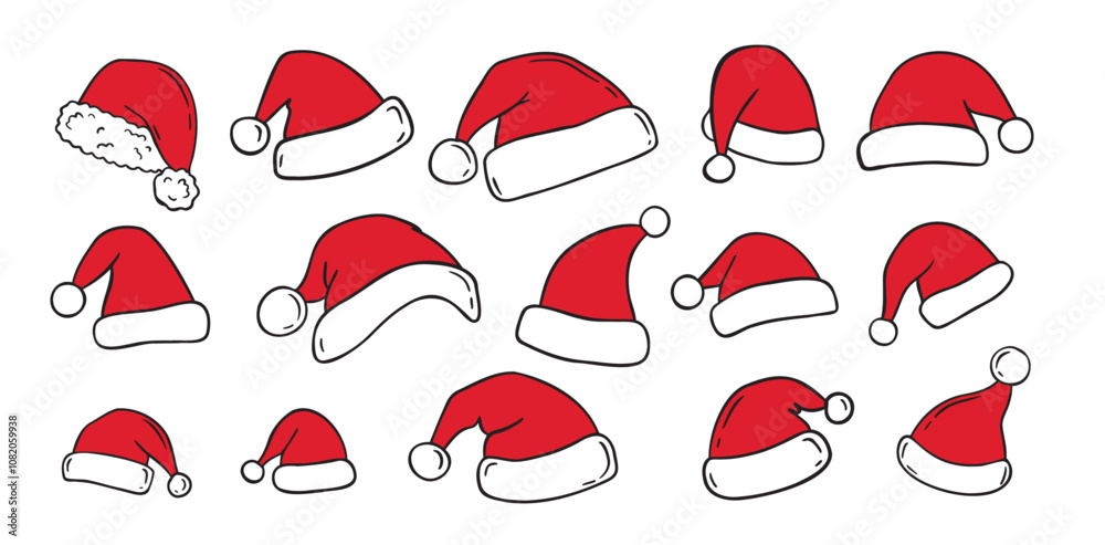 Hand drawn cartoon Santa Claus hat isolated clipart set. Doodle Christmas, New Year Santa Claus hats white and red concept. Hand drawn cartoon Santa Claus hat isolated clipart set. Doodle Christmas, New Year Santa Claus hats white and red concept.