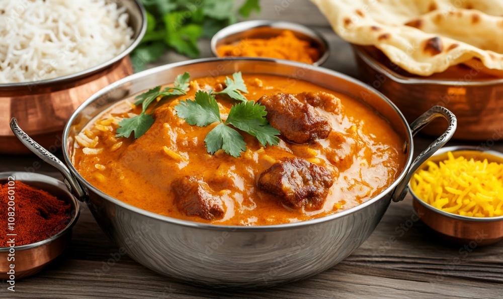A vibrant Indian meal featuring curry, rice, and naan with spices. A vibrant Indian meal featuring curry, rice, and naan with spices.
