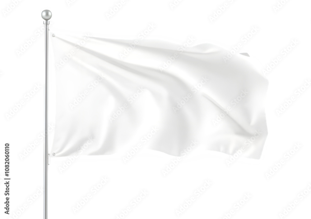 Blank White Flag on Silver Pole with Waving Motion Isolated on Transparent Background