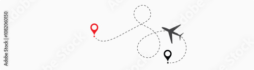 Airplane Route Dotted Line. Airplane line path route travel vector concept. Travel path icon set. Location for travel, dotted road  map with destinations. Vector illustration EPS 10