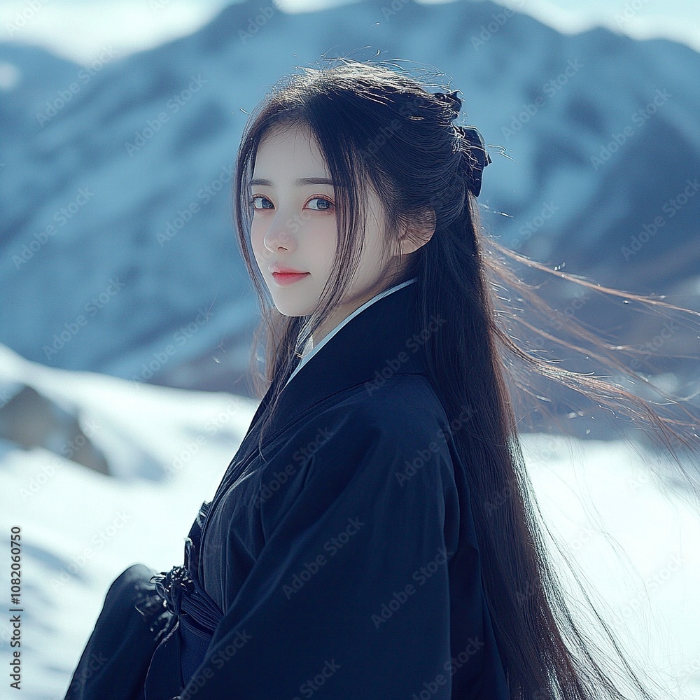 A Chinese girl with long hair wearing a black robe,The background is a snowy mountainï.generative ai A Chinese girl with long hair wearing a black robe,The background is a snowy mountainï.generative ai