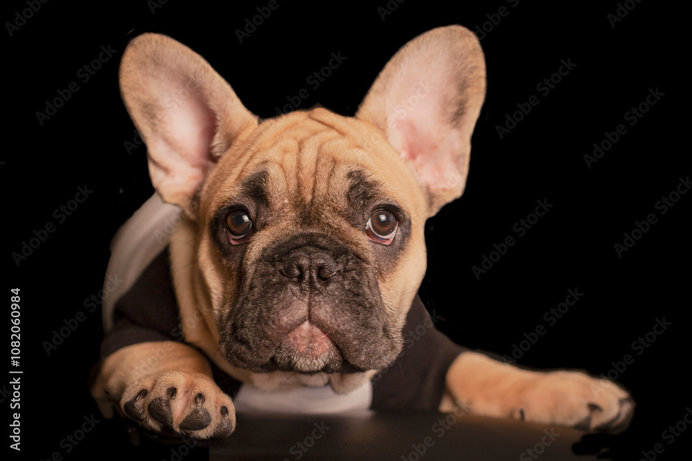 Portrait of a charming French bulldog in clothes on a black background Portrait of a charming French bulldog in clothes on a black background