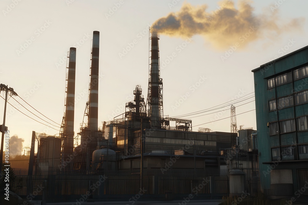 Industrial Complex with Smokestacks Emitting Pollution During Sunset, Highlighting Environmental Concerns and Urban Landscape in a Power Plant Setting Industrial Complex with Smokestacks Emitting Pollution During Sunset, Highlighting Environmental Concerns and Urban Landscape in a Power Plant Setting