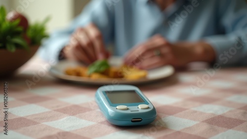  Glucometer for elderly care at home. A blood glucose monitor on a checkered table, with a person in the background preparing to eat. Focus on the device in the foreground.