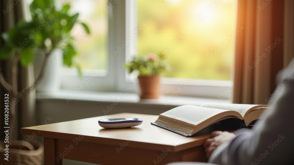 Glucometer for elderly care at home. Open book and device on round table by window, sunlight illuminating scene, potted plant nearby, creating a serene atmosphere. Glucometer for elderly care at home. Open book and device on round table by window, sunlight illuminating scene, potted plant nearby, creating a serene atmosphere.