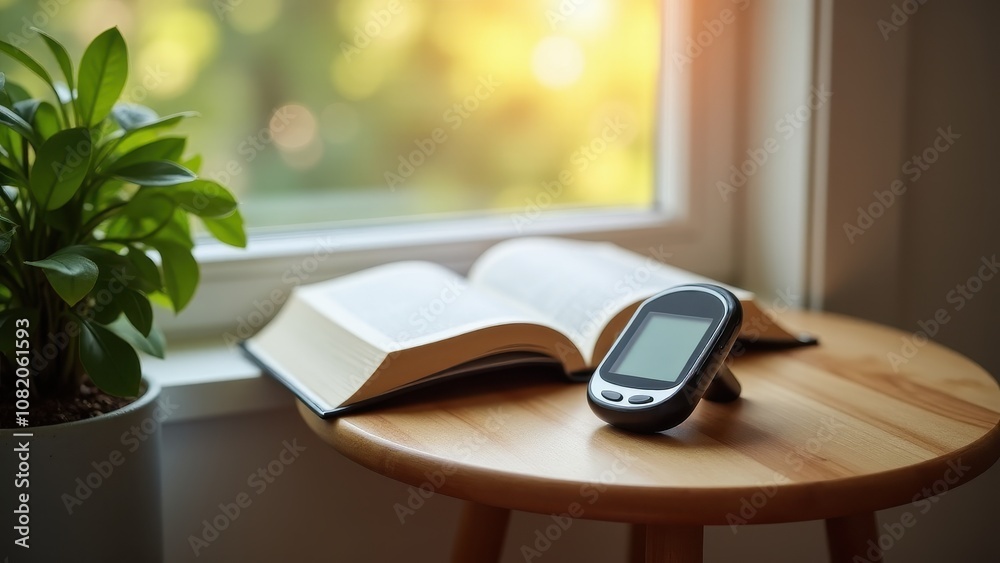 Glucometer for elderly care at home. Open book and device on round table by window, sunlight illuminating scene, potted plant nearby, creating a serene atmosphere. Glucometer for elderly care at home. Open book and device on round table by window, sunlight illuminating scene, potted plant nearby, creating a serene atmosphere.