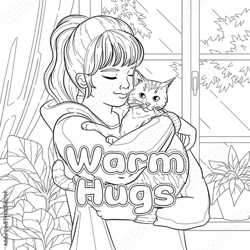 girl and cat colouring page line art