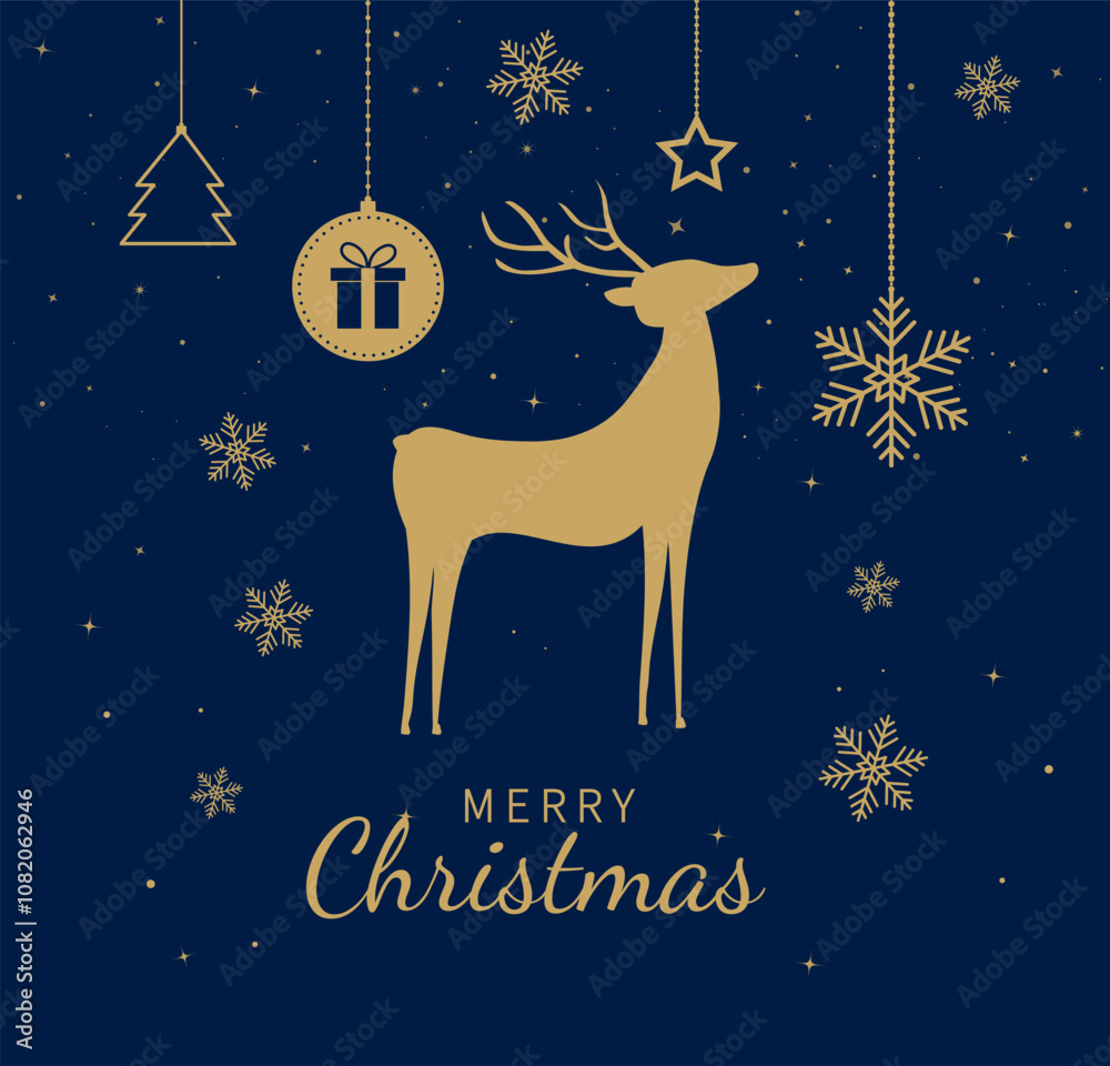 Fototapeta premium Gold Christmas baubles with reindeer, snowflake, christmas tree, candy cane, gingerbread man, gift box. Xmas decoration design. Merry christmas and New year card. Vector illustration