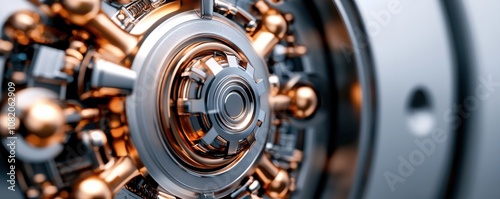 Quantum computing of cryptography concept. A close-up view of a metallic vault lock, showcasing intricate details and a blend of silver and bronze components, emphasizing security and craftsmanship.