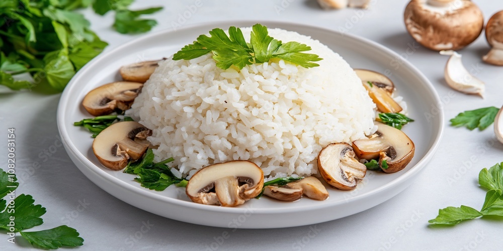 A plate of fluffy rice garnished with mushrooms and herbs. A plate of fluffy rice garnished with mushrooms and herbs.
