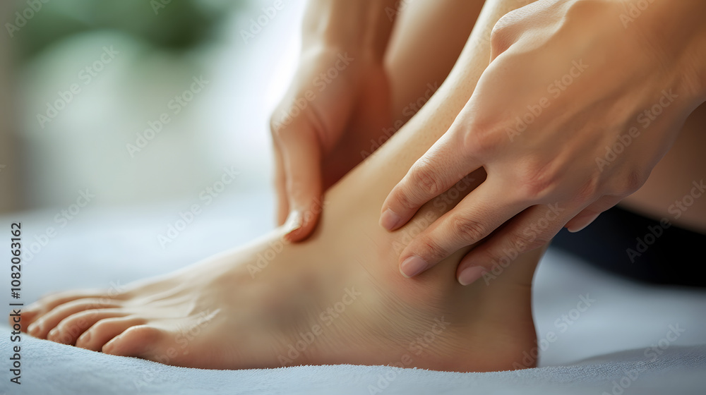 Close-up of a person massaging their painful ankle joint after an injury. Close-up of a person massaging their painful ankle joint after an injury.