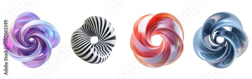 Colorful, swirling pattern create a captivating visual effect, showcasing a variety of hues and designs in a mesmerizing display. Isolations set on white background. photo