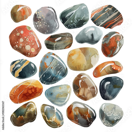 A watercolor illustration of a set of jasper stones, isolated on a white background. Jasper stones vector.