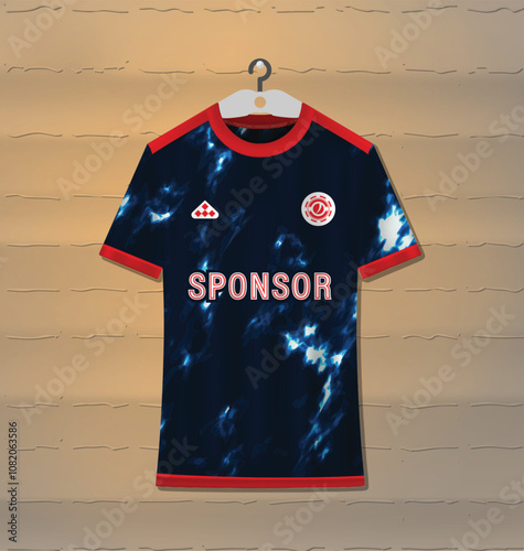Sports jersey design with a combination of black, red and light blue