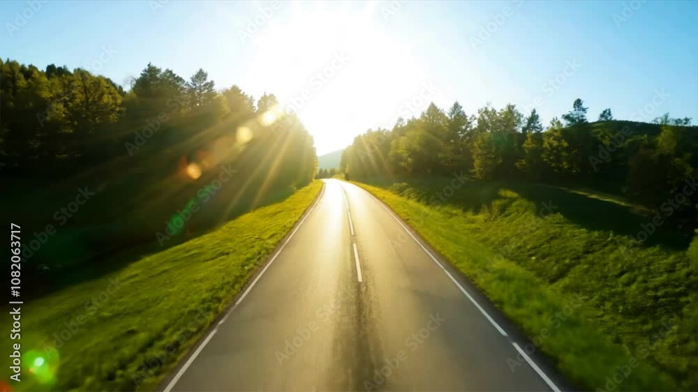 Scenic highway adventure Embrace freedom on sunlit road surrounded by lush greenery and vibrant landscape, where nature invites travel and exploration.