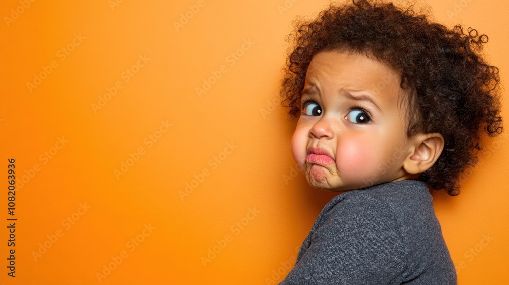 A child with a sad expression against an orange background. A child with a sad expression against an orange background.
