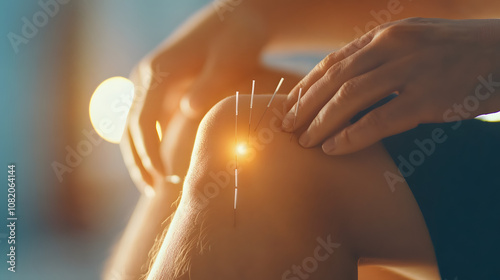 Close-up of a person receiving acupuncture treatment for joint pain in their knee. photo