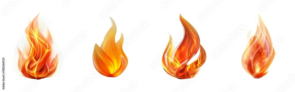 A series of stylized flames in varying shapes and sizes, representing fire and warmth, ideal for its use in design and creative projects. Isolations set on white background. A series of stylized flames in varying shapes and sizes, representing fire and warmth, ideal for its use in design and creative projects. Isolations set on white background.
