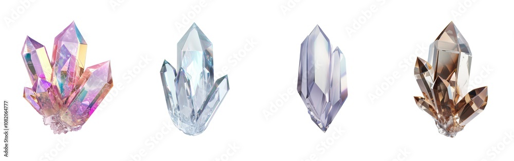 A vibrant collection of various crystal formations showcasing unique colors and shapes, reflecting light beautifully. Isolations set on white background.