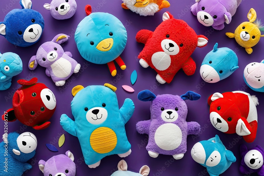 Cheerful Collection of Soft Animal Plushies for Kids in Blue, Purple, and Red Cheerful Collection of Soft Animal Plushies for Kids in Blue, Purple, and Red