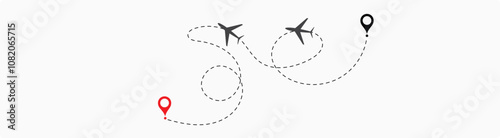 air plane flight route with the point of location line trace isolated on white background.