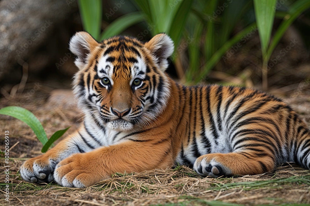 Obraz premium Adorable Tiger Cub Resting in Its Natural Habitat