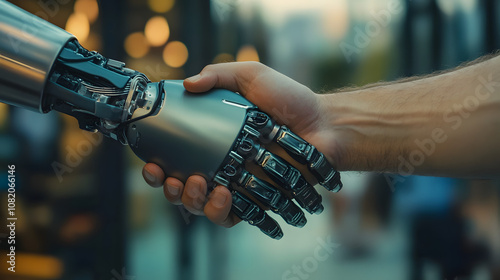 Close-up of a prosthetic hand shaking hands with another person showcasing social interaction and grip control.