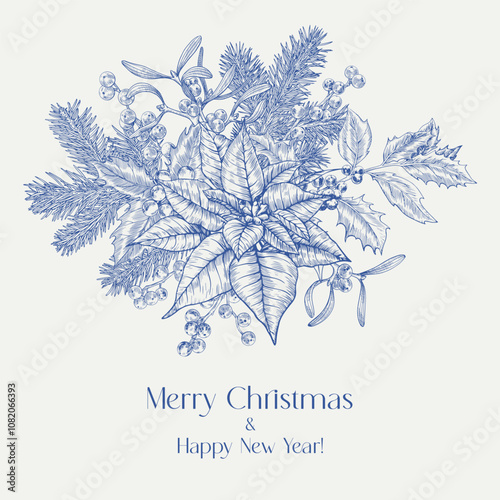 Toile Christmas botanical illustration with fir twigs holly mistletoe poinsettia berries Blue beige Hand drawn engraved elements Vintage Vector background for design holiday decor poster greetind card