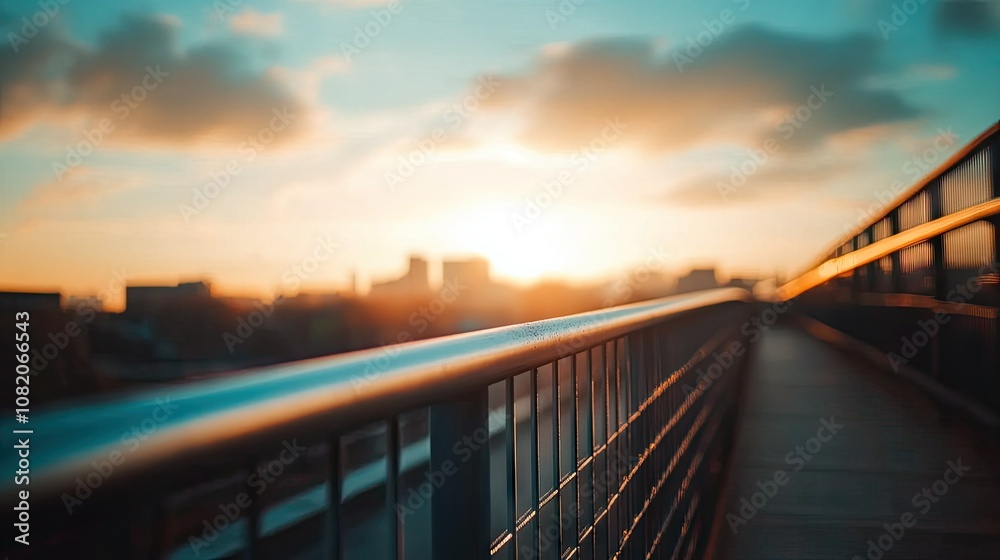 Obraz premium Close-up of bridge railing with city skyline in the distance and a sky of soft pastel clouds.