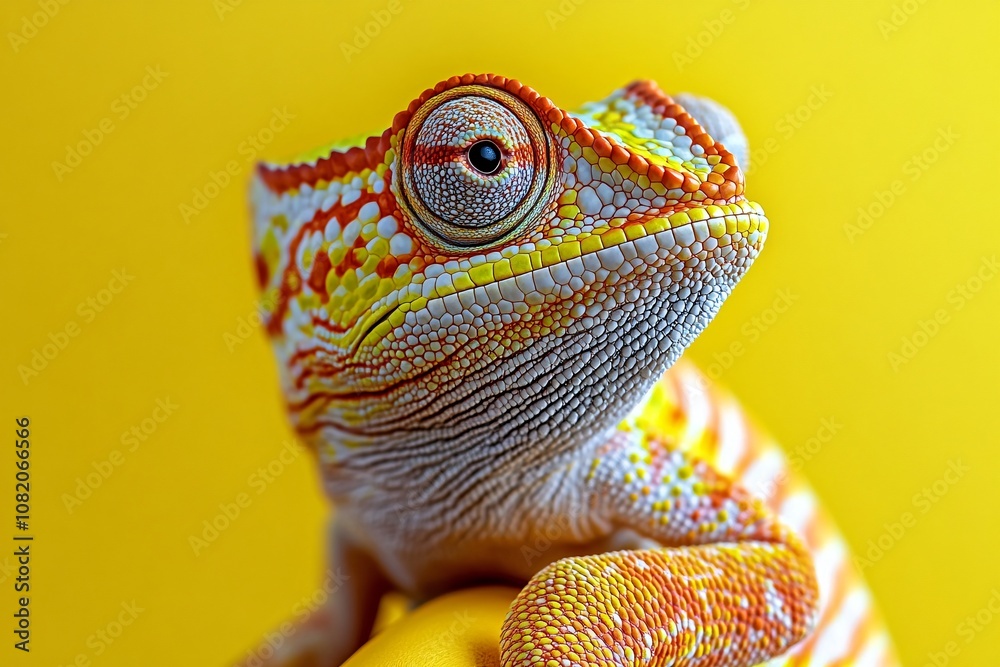 Fototapeta premium Vibrant Chameleon Close-Up on Yellow Background